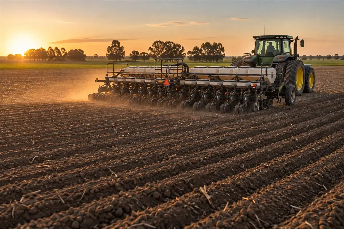 Tractor con sembradora realizando siembra de precisión al atardecer